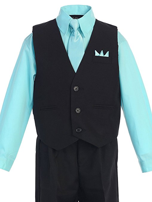 Boys Vest Pants Solid 5 Piece Set With Shirt And Tie - Black / Hawaiian Blue