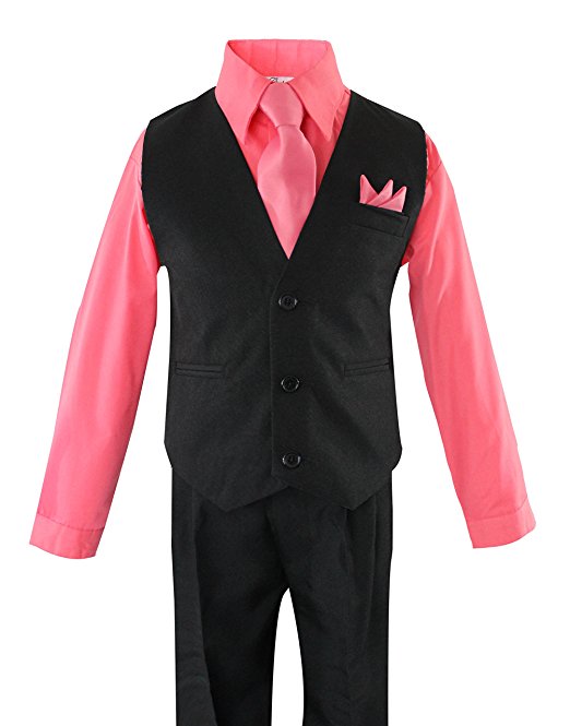 Boys Vest Pants Solid 5 Piece Set With Shirt And Tie - Black / Melon