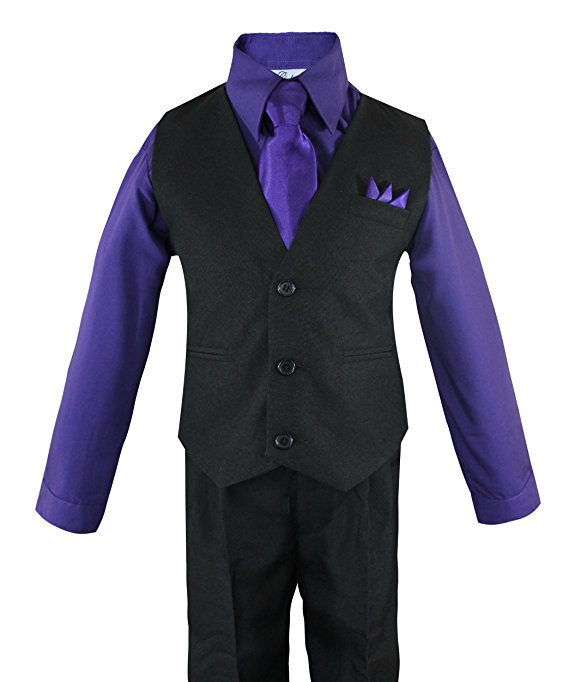 Boys Vest Pants Solid 5 Piece Set With Shirt And Tie - Black / Purple