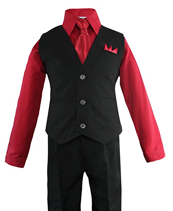 Boys Vest Pants Solid 5 Piece Set With Shirt And Tie -Black / Red