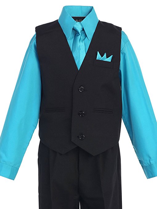 Boys Vest Pants Solid 5 Piece Set With Shirt And Tie -Black / Turquoise