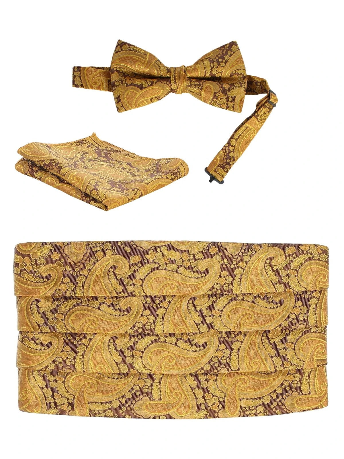 Adjustable Paisley Cummerbund Set With Formal Bow Tie and Pocket Square