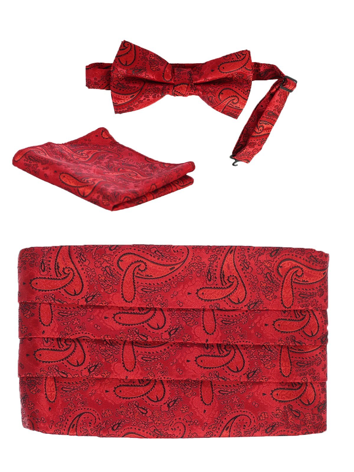 Adjustable Paisley Cummerbund Set With Formal Bow Tie and Pocket Square
