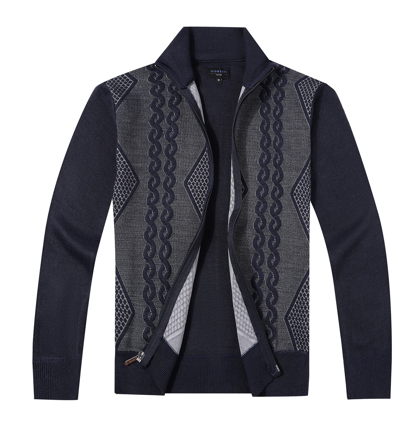 Full Zip Lightweight Geometric Design Cardigan Sweater -Navy