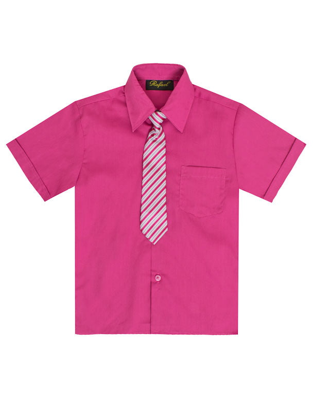 Boys Solid Short Sleeve Dress Shirt With Tie -Fuchsia Suit Addiction Boys Solid Short Sleeve Dress Shirt With Tie -Fuchsia Suit Addiction