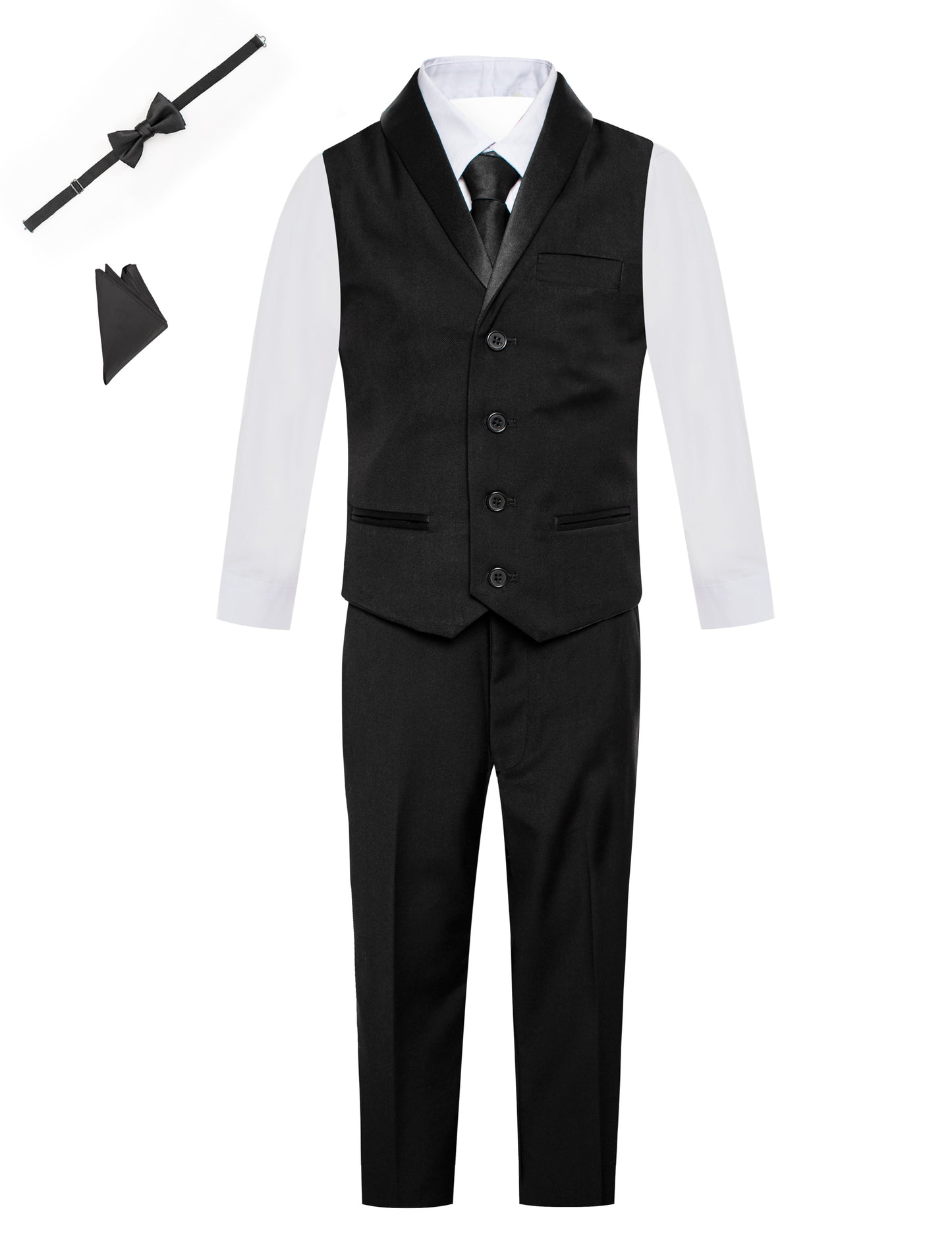 Boys Tuxedo Vest 6 Piece Set: Satin Shawl Lapel Buttoned Vest, Dress Shirt, Pants, Tie, Bowtie, Pocket Square