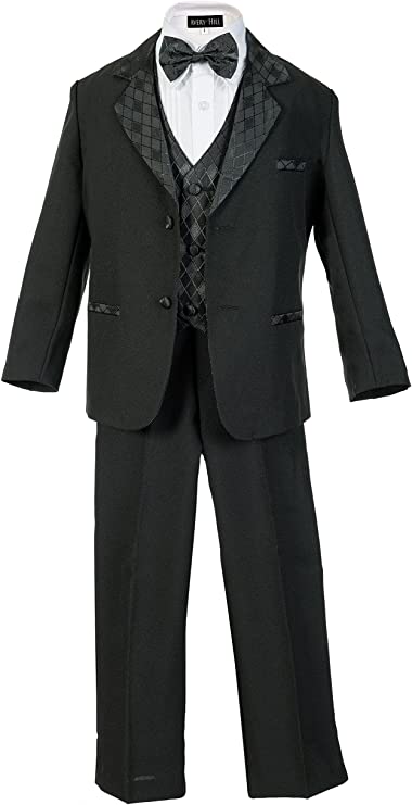 Boys Tuxedo 5- Piece Set With Shirt And Bow Tie With Diamond Print -Black