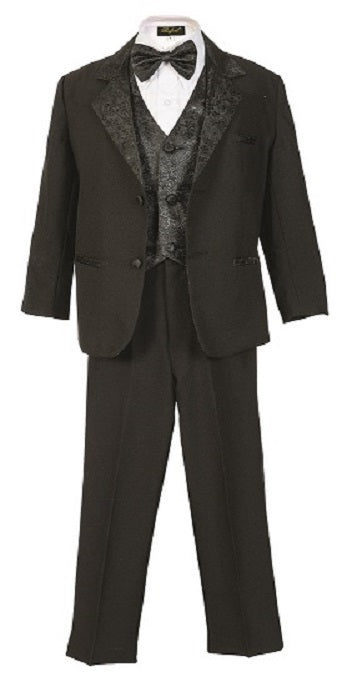 Boys Tuxedo Jacquard Shawl Lapel 5- Piece Set With Shirt And Bow Tie -Black
