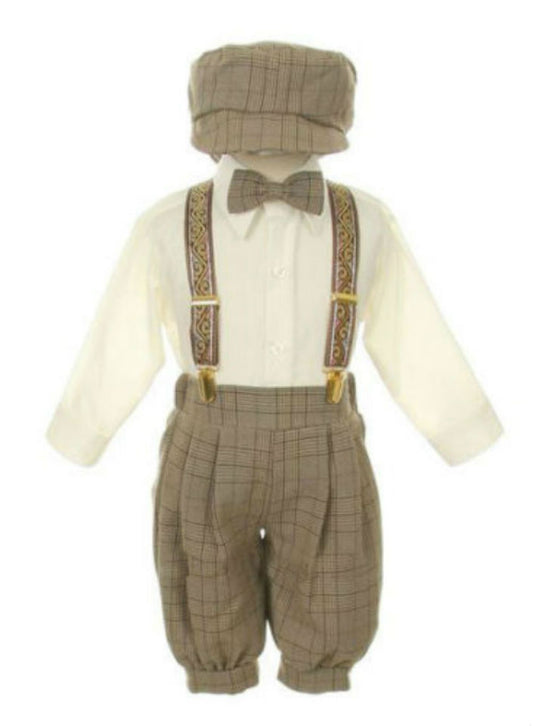 Boys Knickers Vintage Outfit Set Formal Overall Suit Short - Ivory / Brown