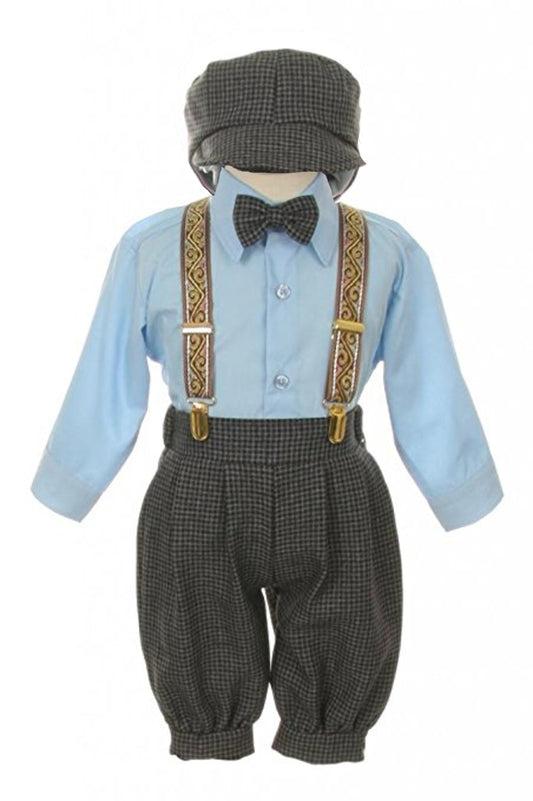 Boys Knickers Vintage Outfit Set Formal Overall Suit Short -Charcoal / Blue