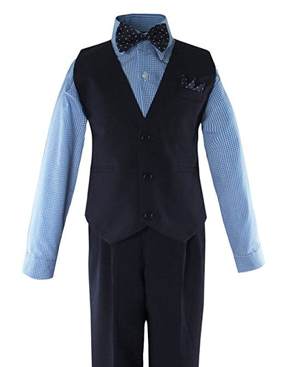 Boys Vest Pants Solid  5 Piece Set With Shirt And Tie - Navy / Check Blue