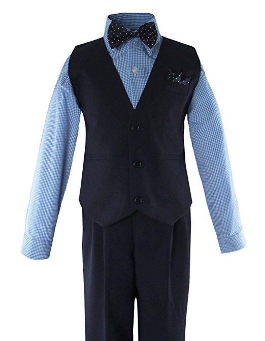 Boys Vest Pants Solid  5 Piece Set With Shirt And Tie - Navy / Check Blue