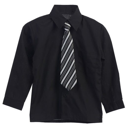 Boys Solid Long Sleeve Dress Shirt With Tie -Black