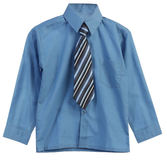 Boys Solid Long Sleeve Dress Shirt With Tie -Crystal Blue