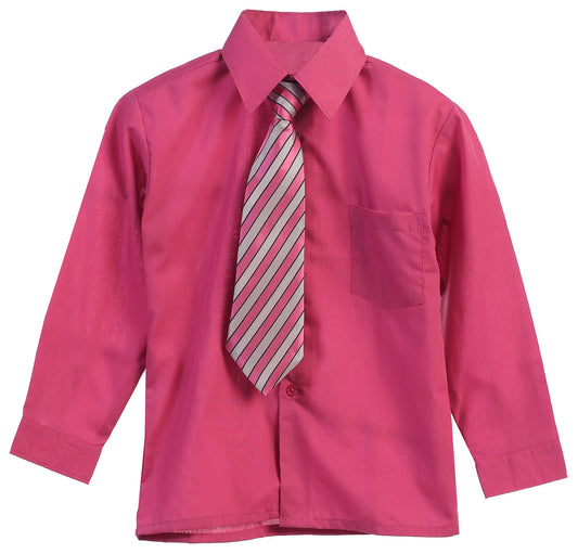 Boys Solid Long Sleeve Dress Shirt With Tie - Fuchsia