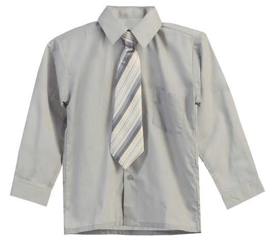Boys Solid Long Sleeve Dress Shirt With Tie - Silver Gray