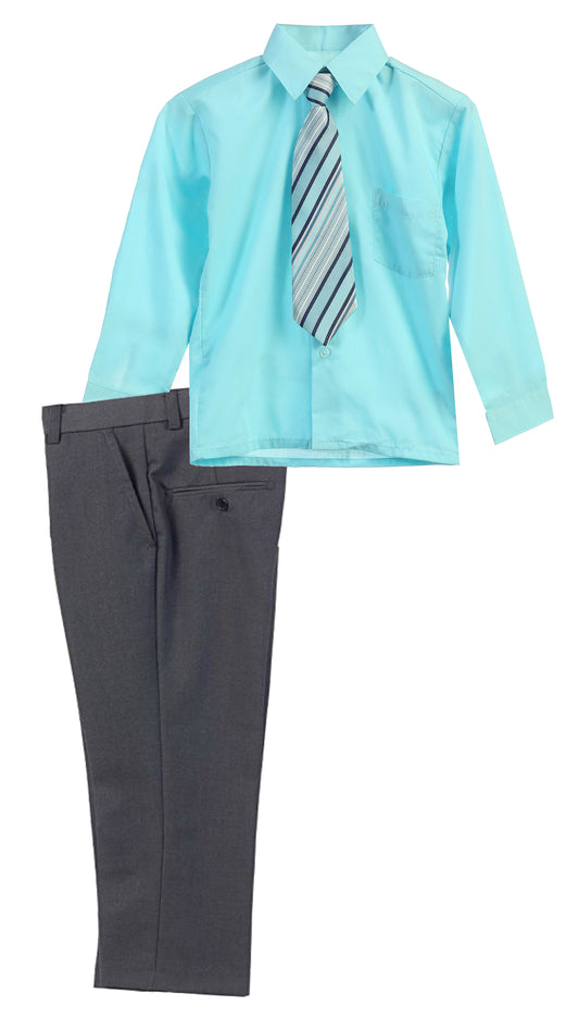 Boys Dress Pants Set With Shirt And Tie -Gray Pants / Hawaiian Blue Shirt