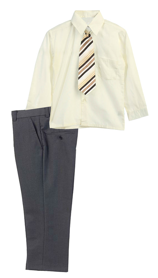 Boys Dress Pants Set With Shirt And Tie -Gray Pants / Ivory Shirt