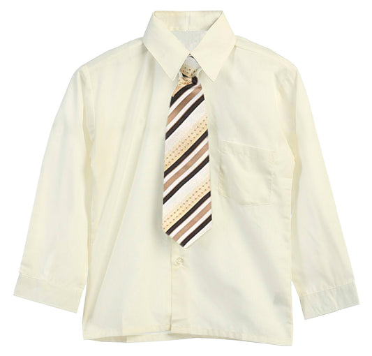 Boys Solid Long Sleeve Dress Shirt With Tie - Ivory