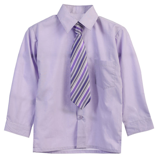 Boys Solid Long Sleeve Dress Shirt With Tie -Lilac