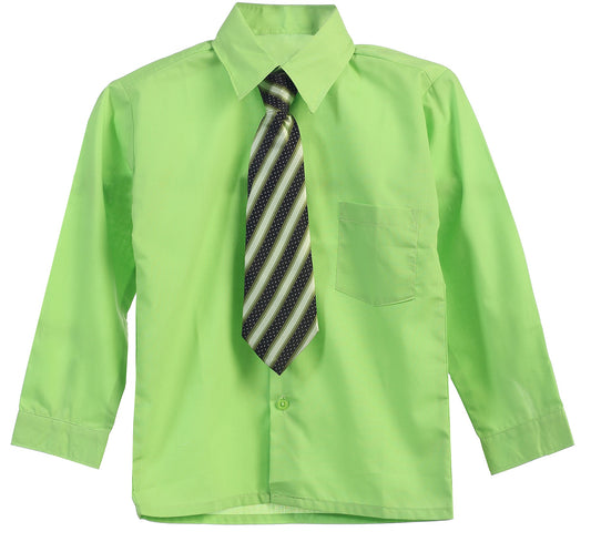Boys Solid Long Sleeve Dress Shirt With Tie - Lime
