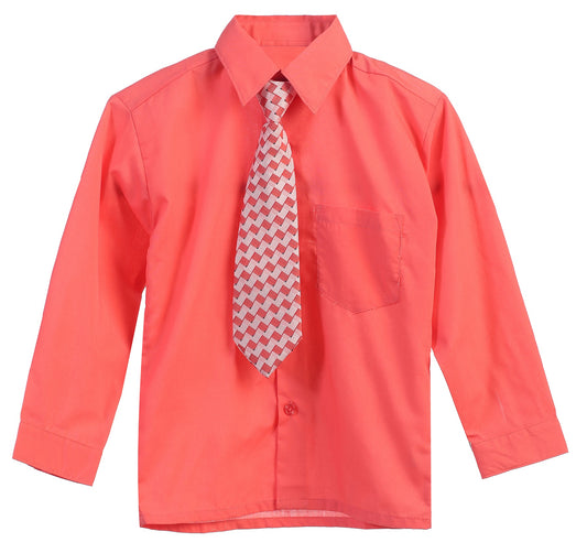 Boys Solid Long Sleeve Dress Shirt With Tie - Melon