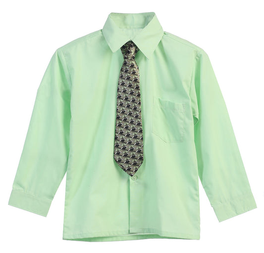 Boys Solid Long Sleeve Dress Shirt With Tie - Pastel Green