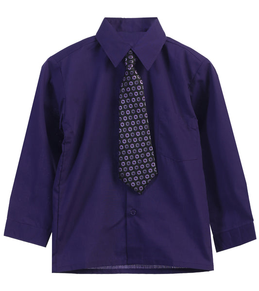 Boys Solid Long Sleeve Dress Shirt With Tie - Purple