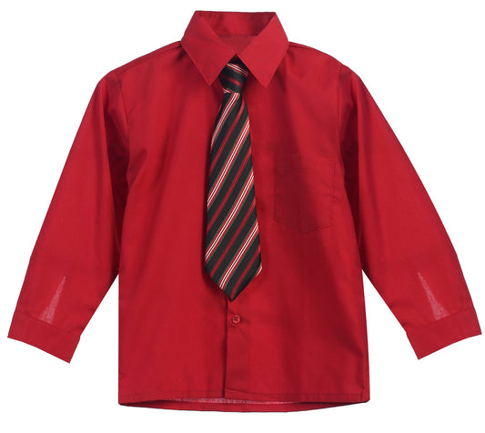 Boys Solid Long Sleeve Dress Shirt With Tie - Red