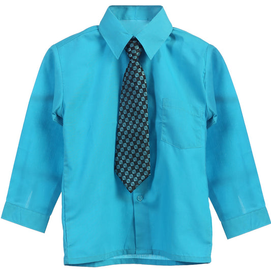 Boys Solid Long Sleeve Dress Shirt With Tie - Turquoise
