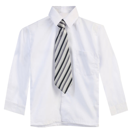 Boys Solid Long Sleeve Dress Shirt With Tie -White