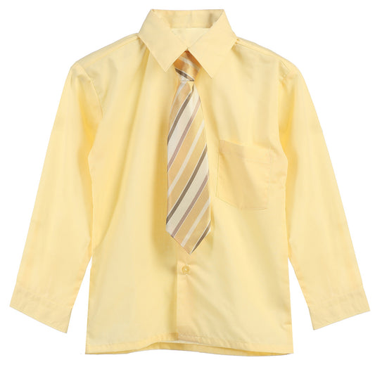 Boys Solid Long Sleeve Dress Shirt With Tie -Banana
