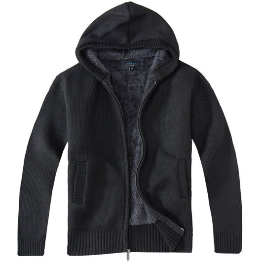 Full Zip Knitted Cardigan Sweater with Hoody and Sherpa Lining - Black