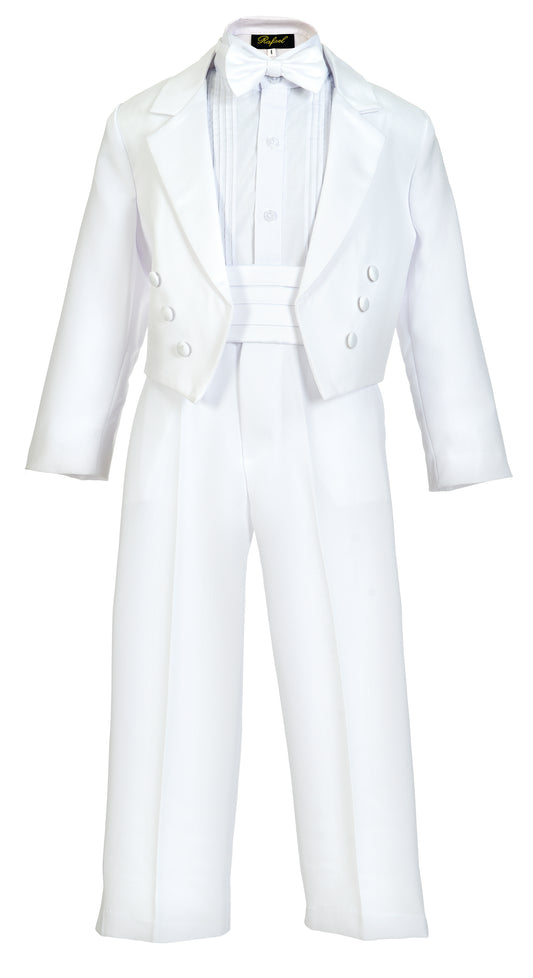 Boys  5- Piece Tail Tuxedo Set With Shirt And Bow Tie -White