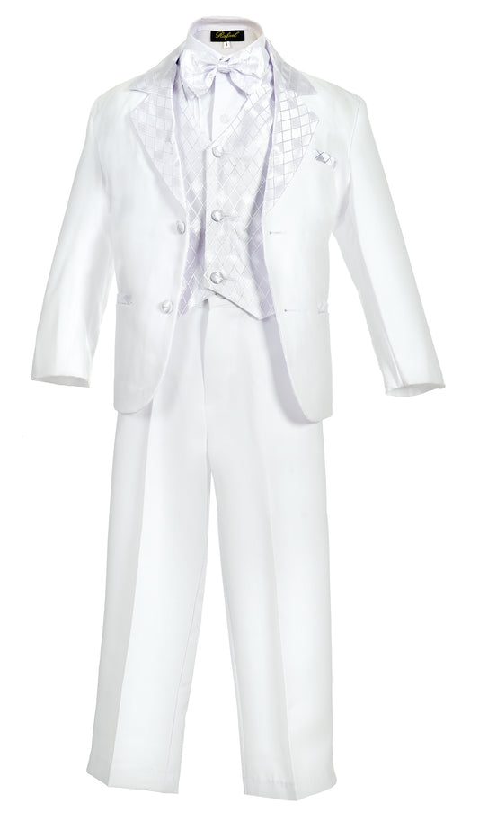 Boys Tuxedo 5- Piece Set With Shirt And Bow Tie With Diamond Print -White