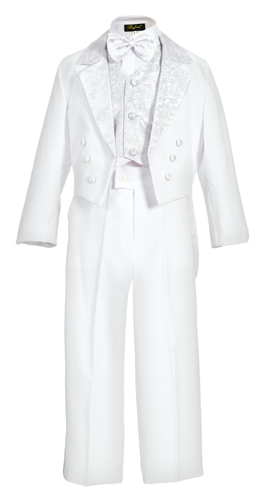 Boys 5- Piece Jacquard Shawl Lapel Tail Tuxedo Set With Shirt And Bow Tie -White