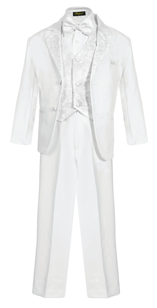 Boys Tuxedo Jacquard Shawl Lapel 5- Piece Set With Shirt And Bow Tie -White