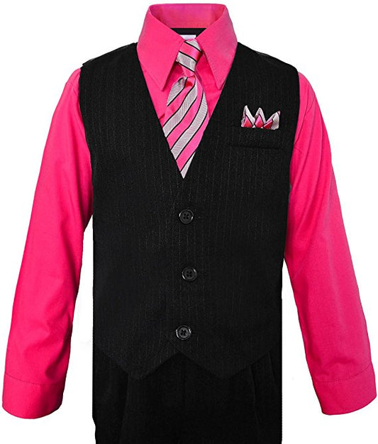 Boys Vest Pants Pinstriped 5 Piece Set With Shirt And Tie -Fuchsia
