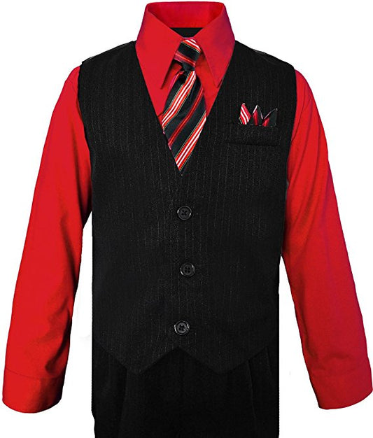 Boys Vest Pants Pinstriped 5 Piece Set With Shirt And Tie - Red