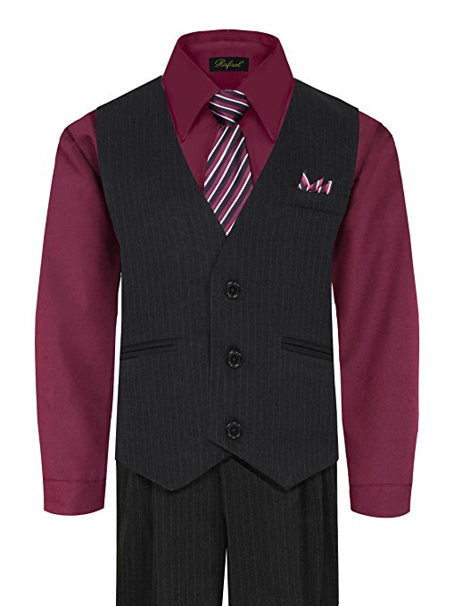 Boys Vest Pants Pinstriped 5 Piece Set With Shirt And Tie -Burgundy
