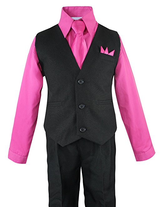 Boys Vest Pants Solid 5-Piece Set With Shirt And Tie - Black/Fuchsia