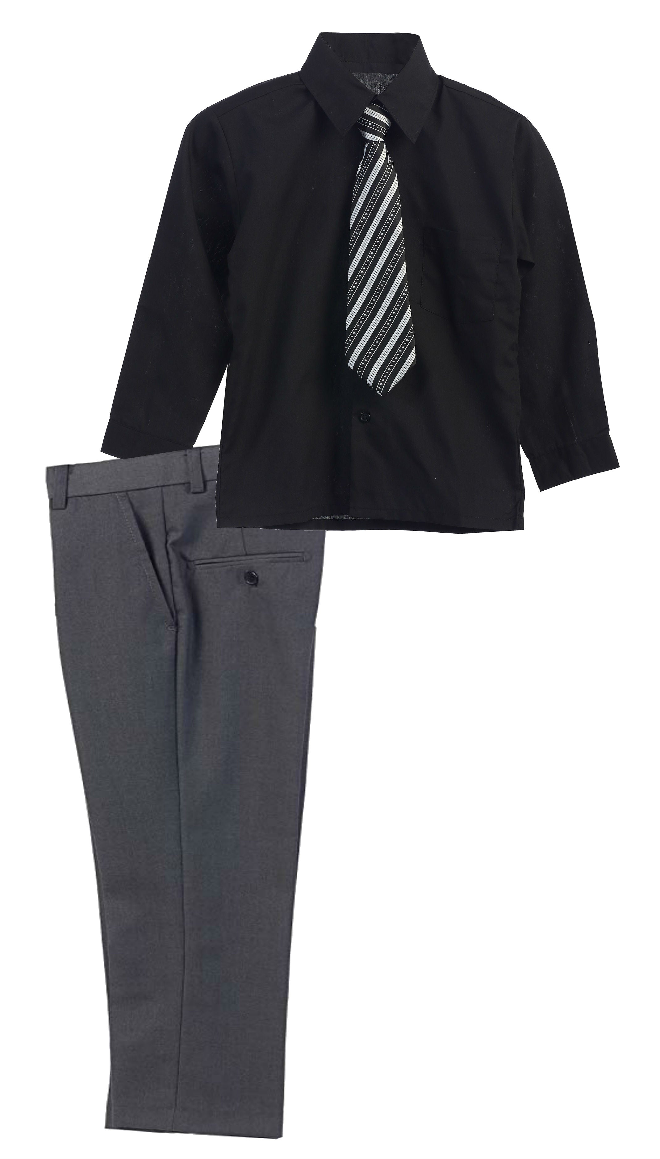 Boys Dress Pants Set With Shirt And Tie -Gray Pants / Black Shirt