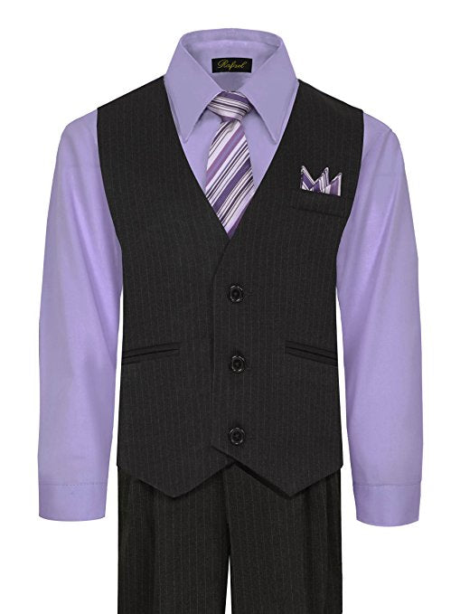 Boys Vest Pants Pinstriped 5 Piece Set With Shirt And Tie - Lilac