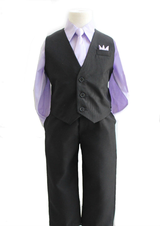 Boys Vest Pants Solid  5 Piece Set With Shirt And Tie - Black / Lilac