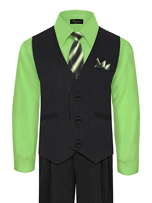 Boys Vest Pants Pinstriped 5 Piece Set With Shirt And Tie - Lime