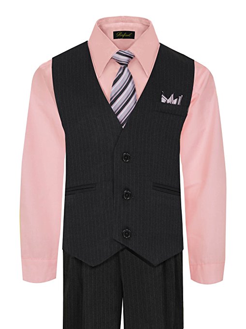 Boys Vest Pants Pinstriped 5 Piece Set With Shirt And Tie - Pink