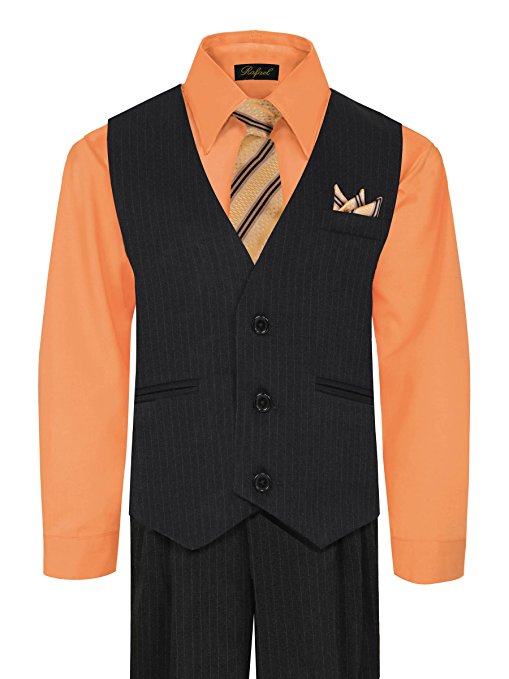 Boys Vest Pants Pinstriped 5 Piece Set With Shirt And Tie - Pumpkin