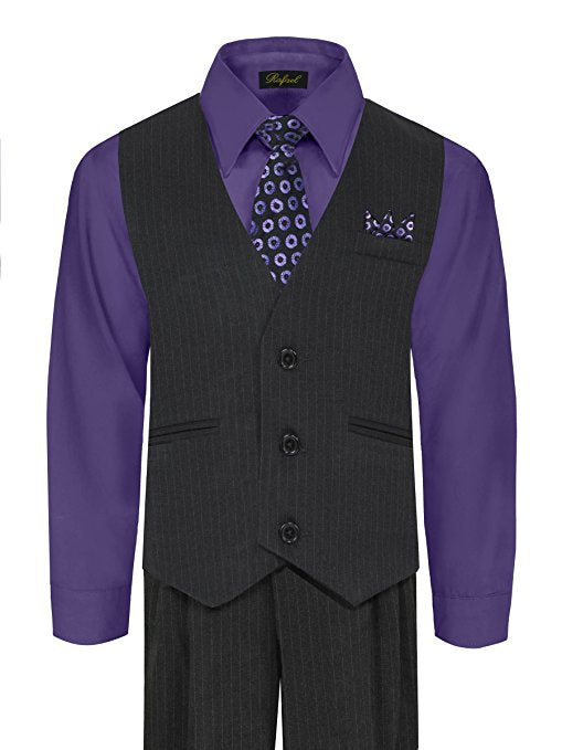 Boys Vest Pants Pinstriped 5 Piece Set With Shirt And Tie - Purple