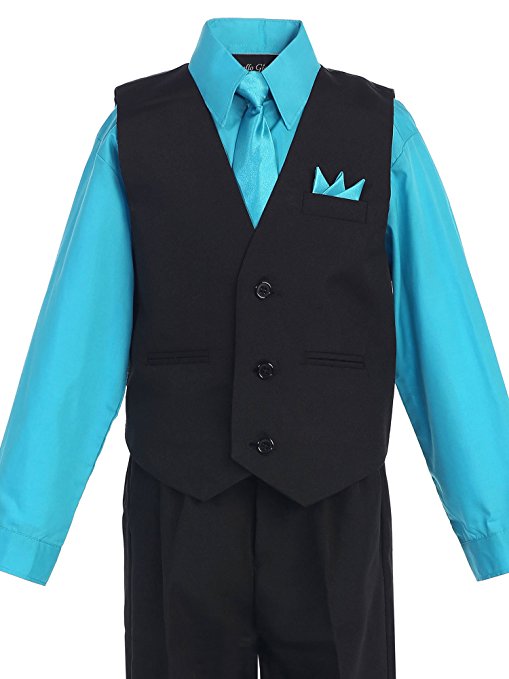 Boys Vest Pants Solid  5 Piece Set With Shirt And Tie -Black / Turquoise