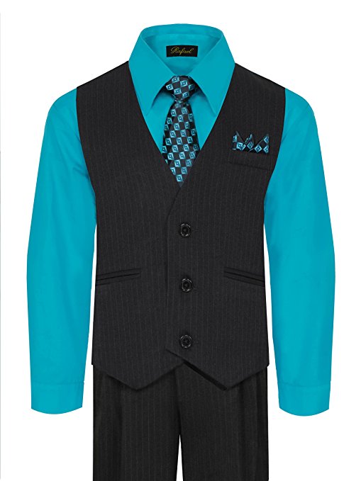Boys Vest Pants Pinstriped 5 Piece Set With Shirt And Tie - Turquoise